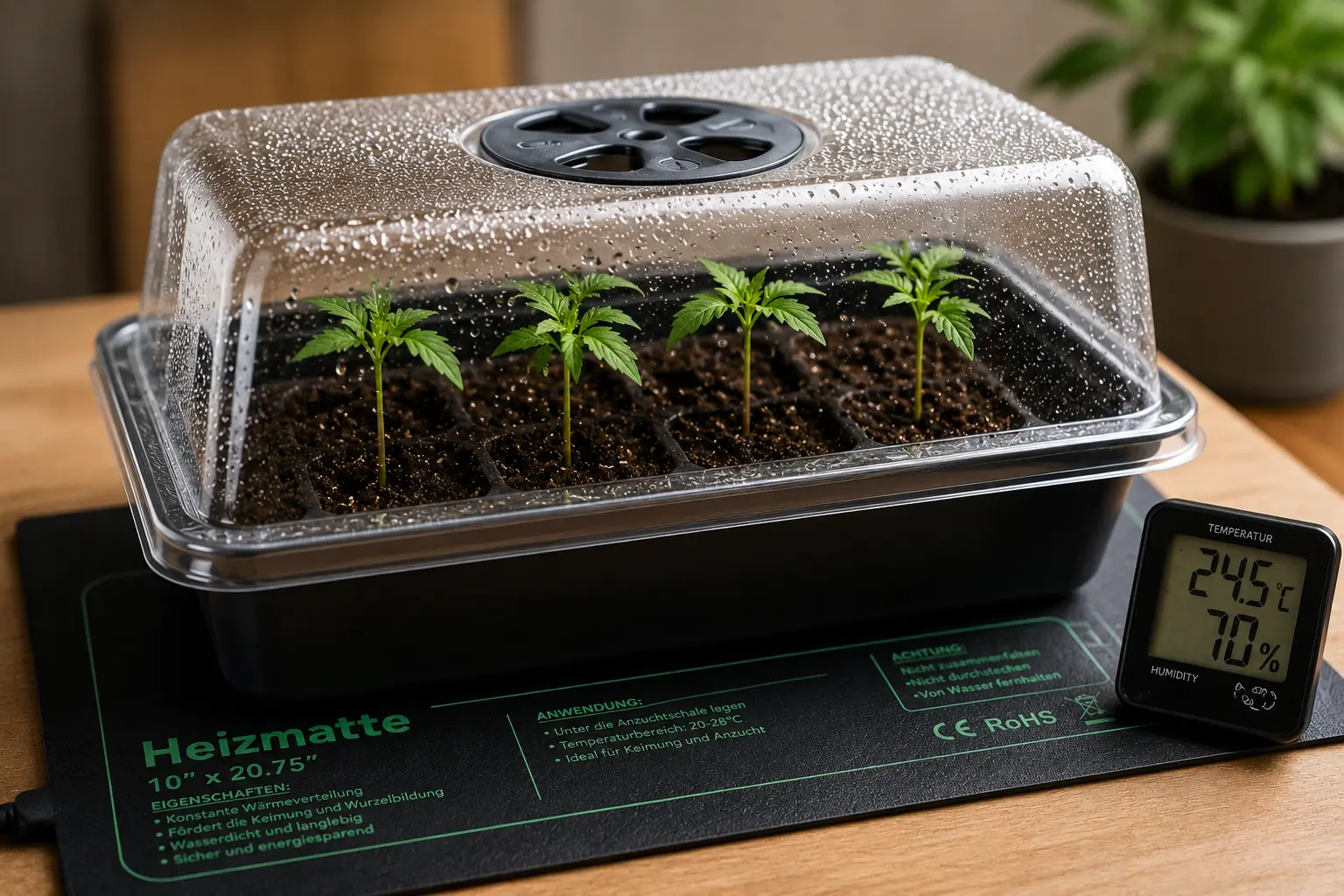 Mini-Gewächshaus auf Heizmatte mit jungen Cannabispflanzen und optimaler Temperatur zur schnellen Keimung