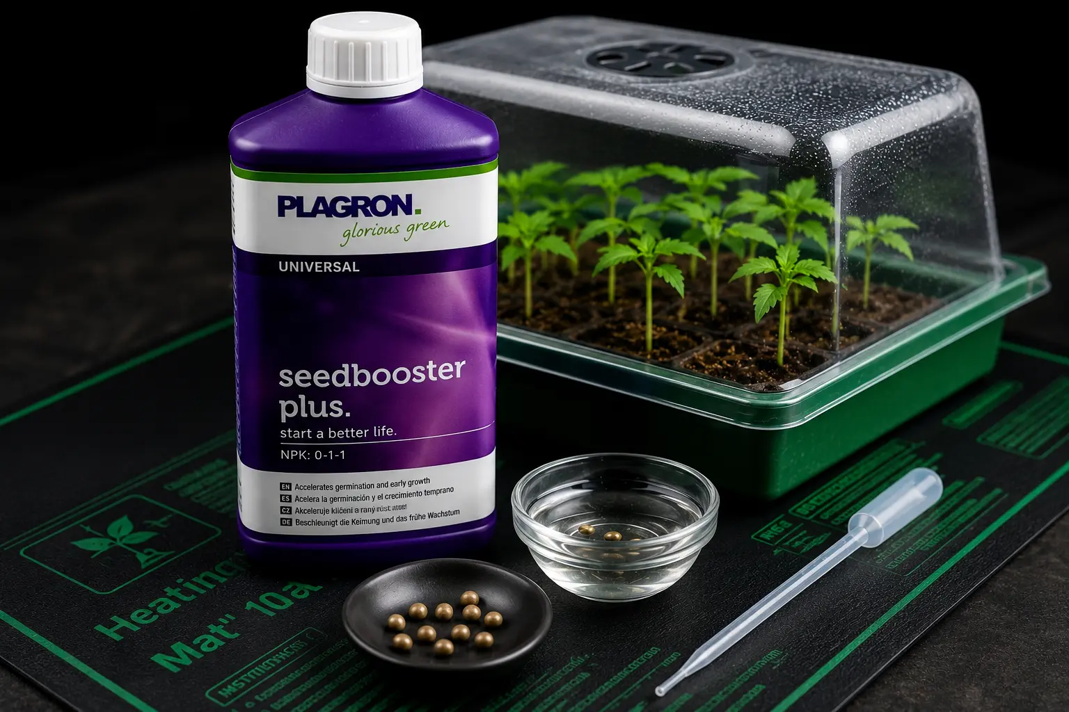 Plagron Seed Booster Plus mit Heizmatte, Mini-Gewächshaus und jungen Cannabissämlingen zur Beschleunigung der Keimung