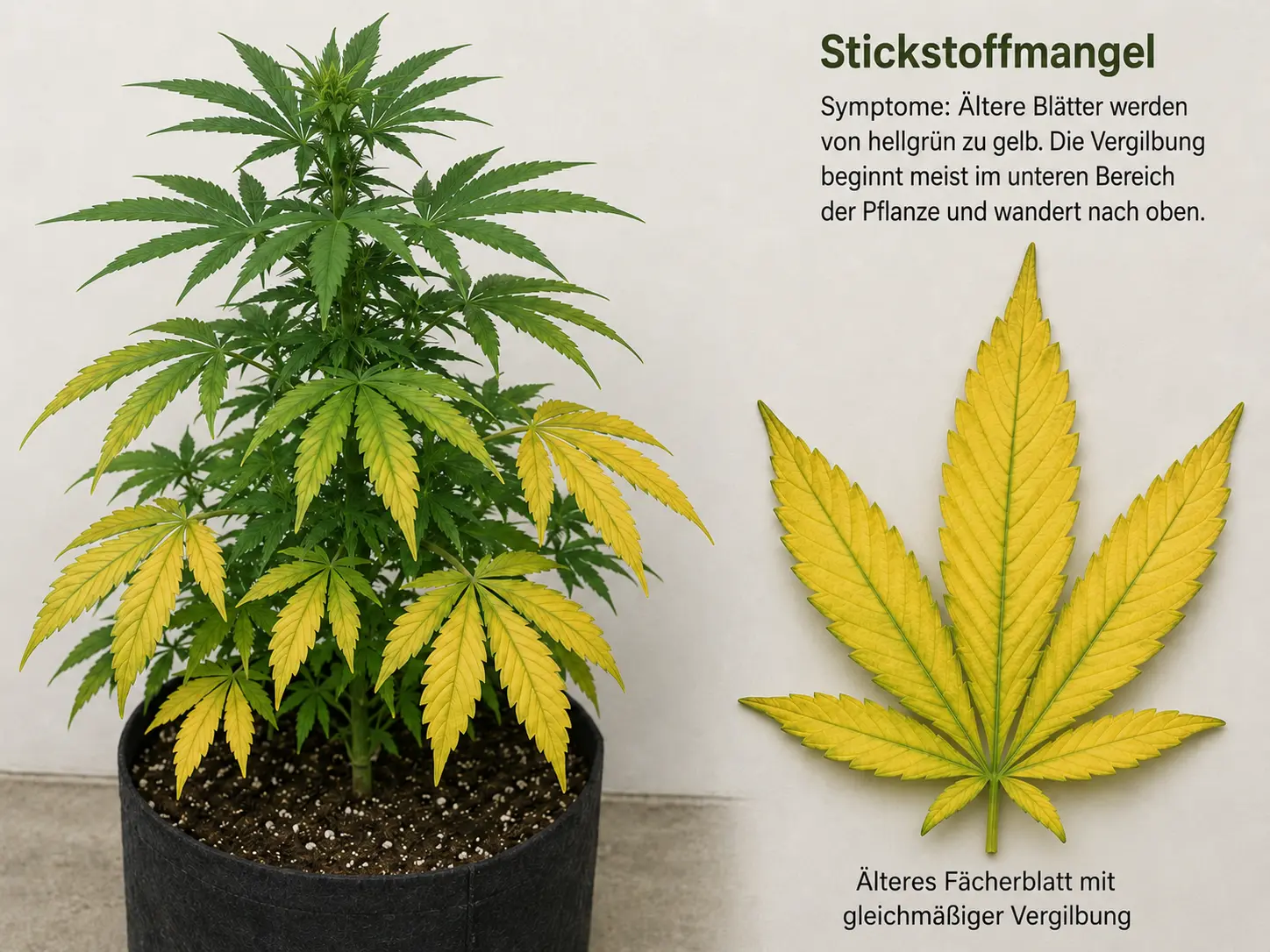 Cannabispflanze mit Stickstoffmangel: ältere untere Blätter vergilben gleichmäßig von hellgrün zu gelb, während neue Triebe noch grüner bleiben.