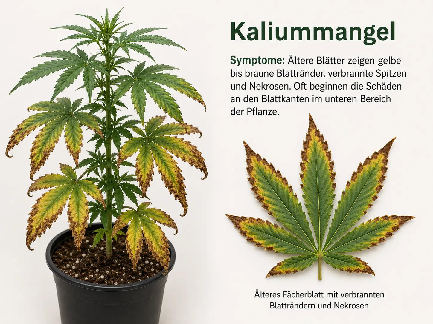 Cannabispflanze mit Kaliummangel: ältere Blätter zeigen gelbe bis braune Blattränder, verbrannte Spitzen und trockene Nekrosen an den Blattkanten.
