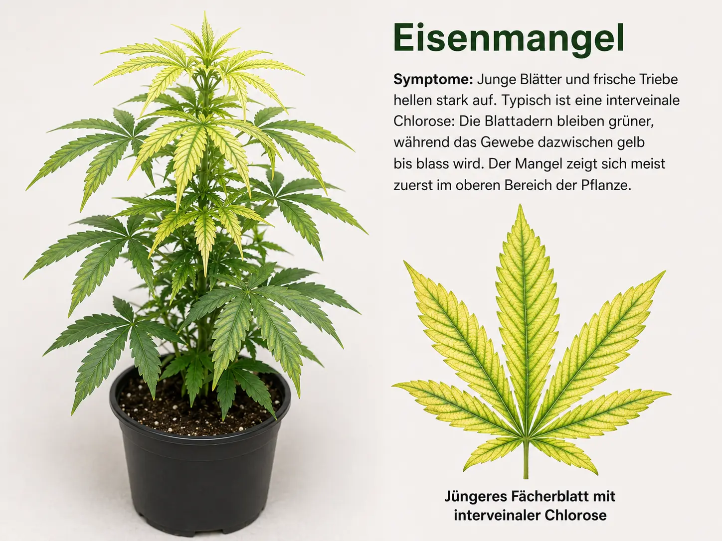 Hanfpflanze mit Eisenmangel: junge obere Blätter und frische Triebe hellen stark auf, während die Blattadern teilweise grün bleiben
