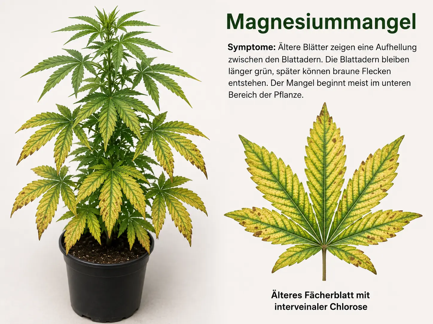Cannabispflanze mit Magnesiummangel: ältere Blätter zeigen interveinale Chlorose, gelbe Blattflächen zwischen weiterhin grünen Blattadern und erste braune Flecken.