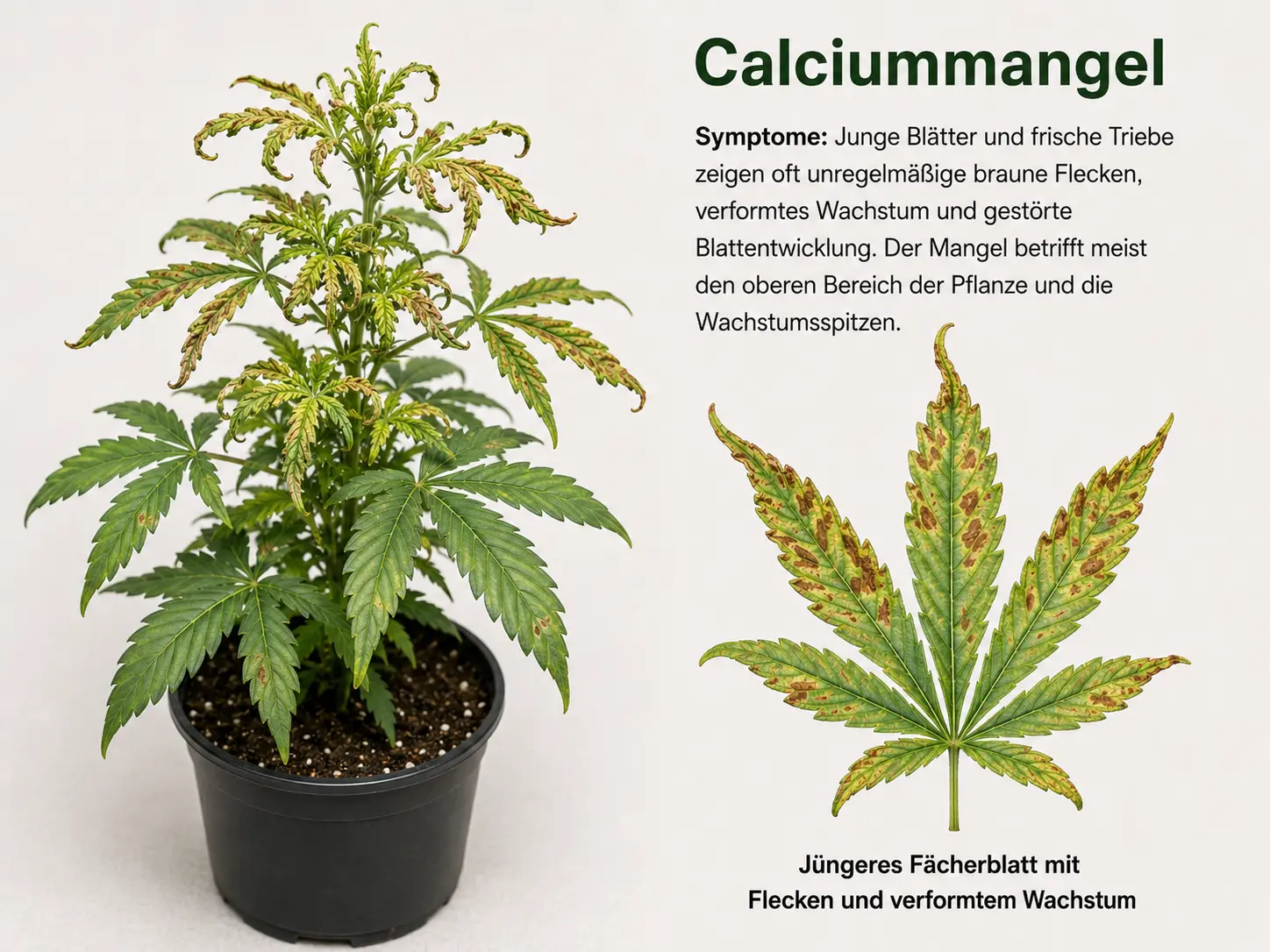 Hanfpflanze mit Calciummangel: junge Blätter und frische Triebe zeigen braune Flecken, gekräuseltes Wachstum und verformte Blattentwicklung.