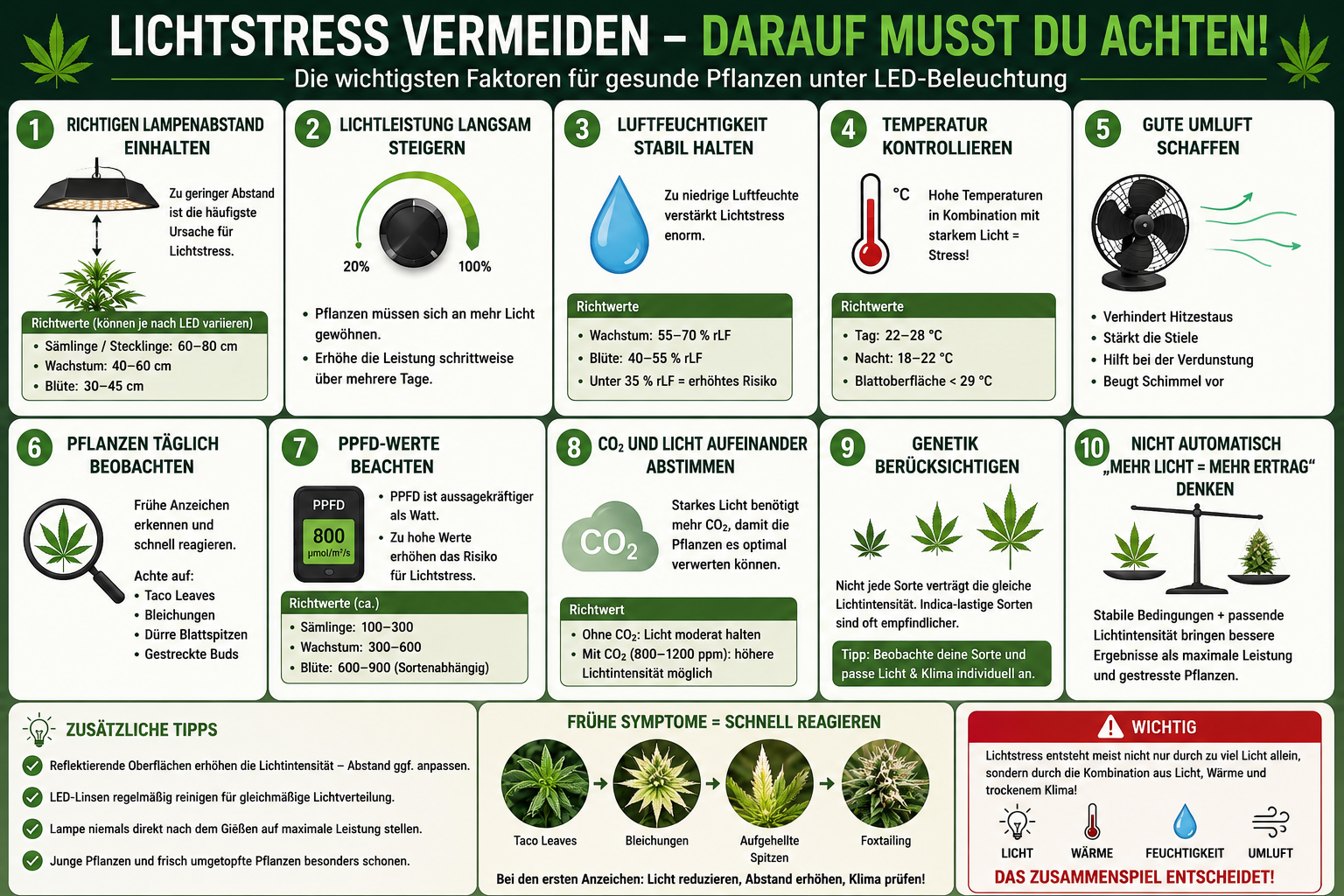 Infografik über Lichtstress bei Cannabispflanzen unter LED-Growlampen mit Tipps zu Lampenabstand, PPFD, Luftfeuchtigkeit, Temperatur, Umluft und typischen Symptomen wie Taco Leaves, Bleaching und Foxtailing.