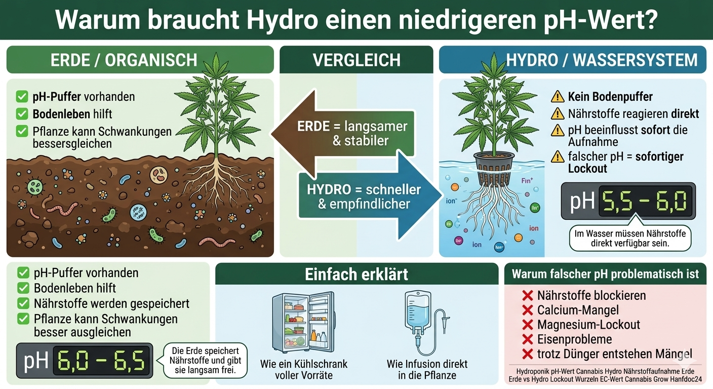 Infografik erklärt den Unterschied zwischen Erde und Hydroponik beim Cannabis-Anbau und zeigt, warum Wassersysteme einen niedrigeren pH-Wert für die optimale Nährstoffaufnahme benötigen.