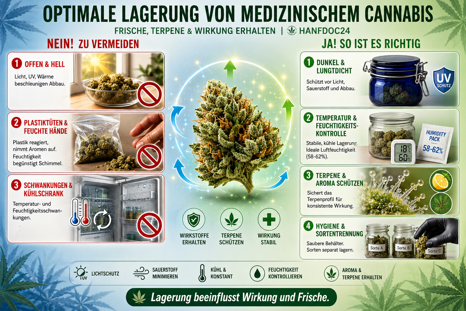 Eine Infografik von Hanfdoc24 zur optimalen Lagerung von medizinischem Cannabis, die gute und schlechte Aufbewahrungsmethoden gegenüberstellt.