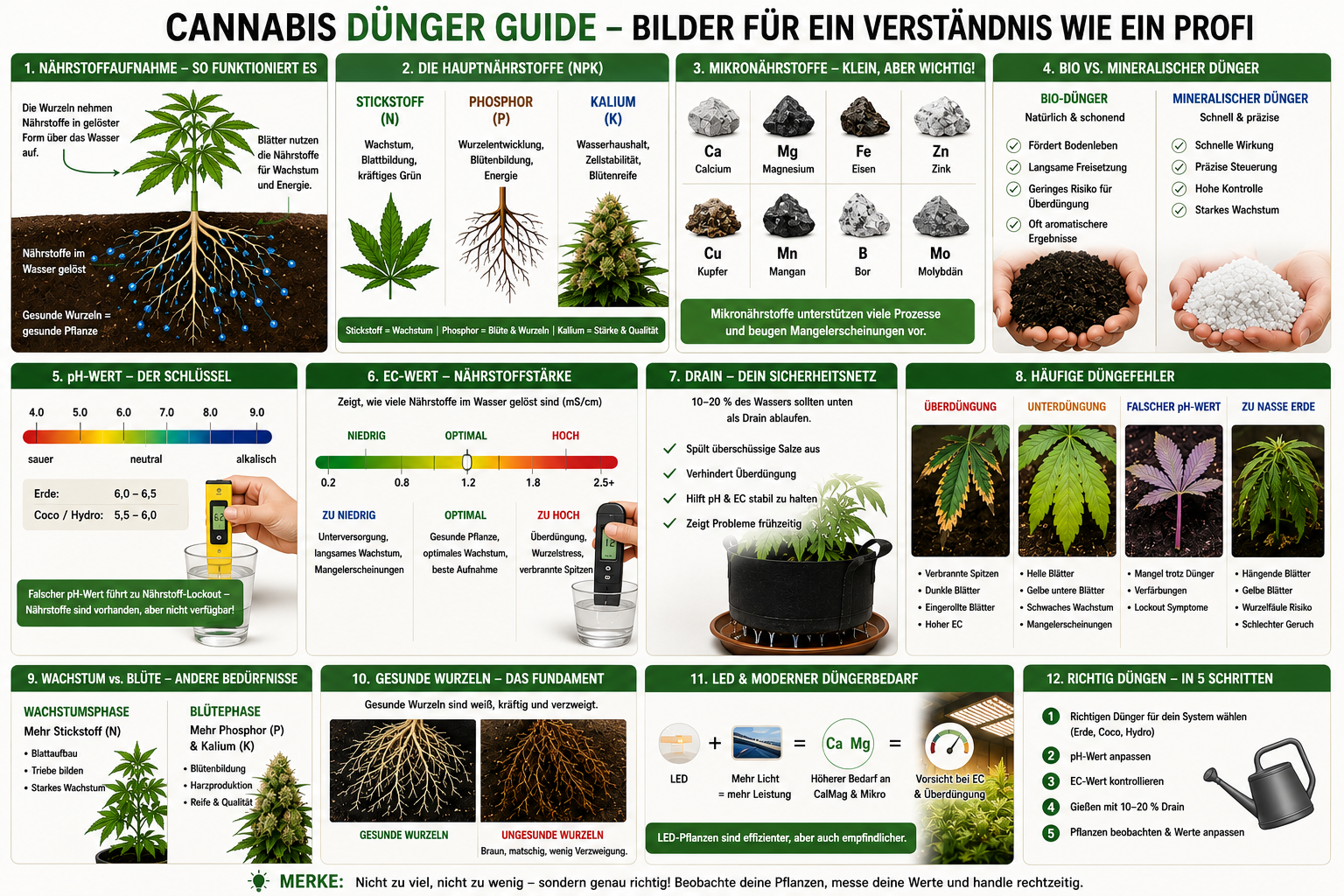 Große Cannabis Dünger Guide Infografik für Anfänger und Grower mit Erklärung zu Nährstoffaufnahme, NPK-Dünger, Mikronährstoffen, Bio- vs. Mineraldünger, pH-Wert, EC-Wert, Drain und typischen Düngefehlern. Die Grafik zeigt eine Cannabispflanze mit Wurzelsystem, erklärt Stickstoff, Phosphor und Kalium, zeigt gesunde und ungesunde Wurzeln sowie die richtige Düngung in Wachstum und Blüte.