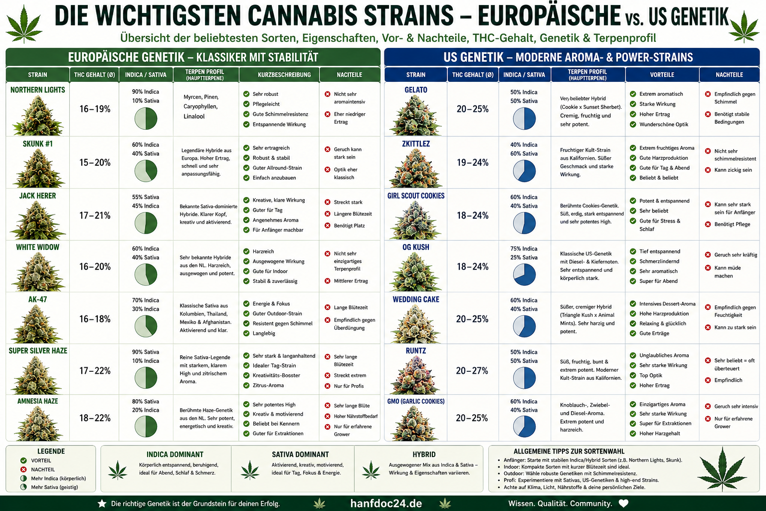 Großes deutschsprachiges Infografik-Schaubild zum Vergleich europäischer Cannabis-Genetik und moderner US-Genetik. Auf der linken Seite werden klassische europäische Strains wie Northern Lights, Skunk #1, Jack Herer, White Widow, AK-47, Super Silver Haze und Amnesia Haze vorgestellt – inklusive durchschnittlichem THC-Gehalt, Indica-/Sativa-Anteil, typischem Terpenprofil, Vorteilen und Nachteilen. Die rechte Seite zeigt moderne US-Genetiken wie Gelato, Zkittlez, Girl Scout Cookies, OG Kush, Wedding Cake, Runtz und GMO (Garlic Cookies) mit Informationen zu Aroma, Wirkung, Potenz und Anbau-Eigenschaften. Das Schema erklärt Unterschiede zwischen klassischen stabilen europäischen Sorten und modernen amerikanischen High-Terpene- und High-THC-Strains. Zusätzlich werden typische Eigenschaften von Indica, Sativa und Hybrid-Genetik sowie Empfehlungen für Anfänger und erfahrene Grower dargestellt.