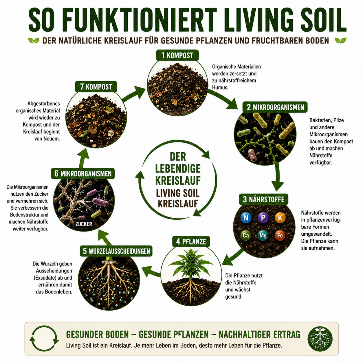 Living Soil Kreislauf Kompost → Mikroorganismen → Nährstoffe → Pflanze → Wurzelausscheidungen → Mikroorganismen