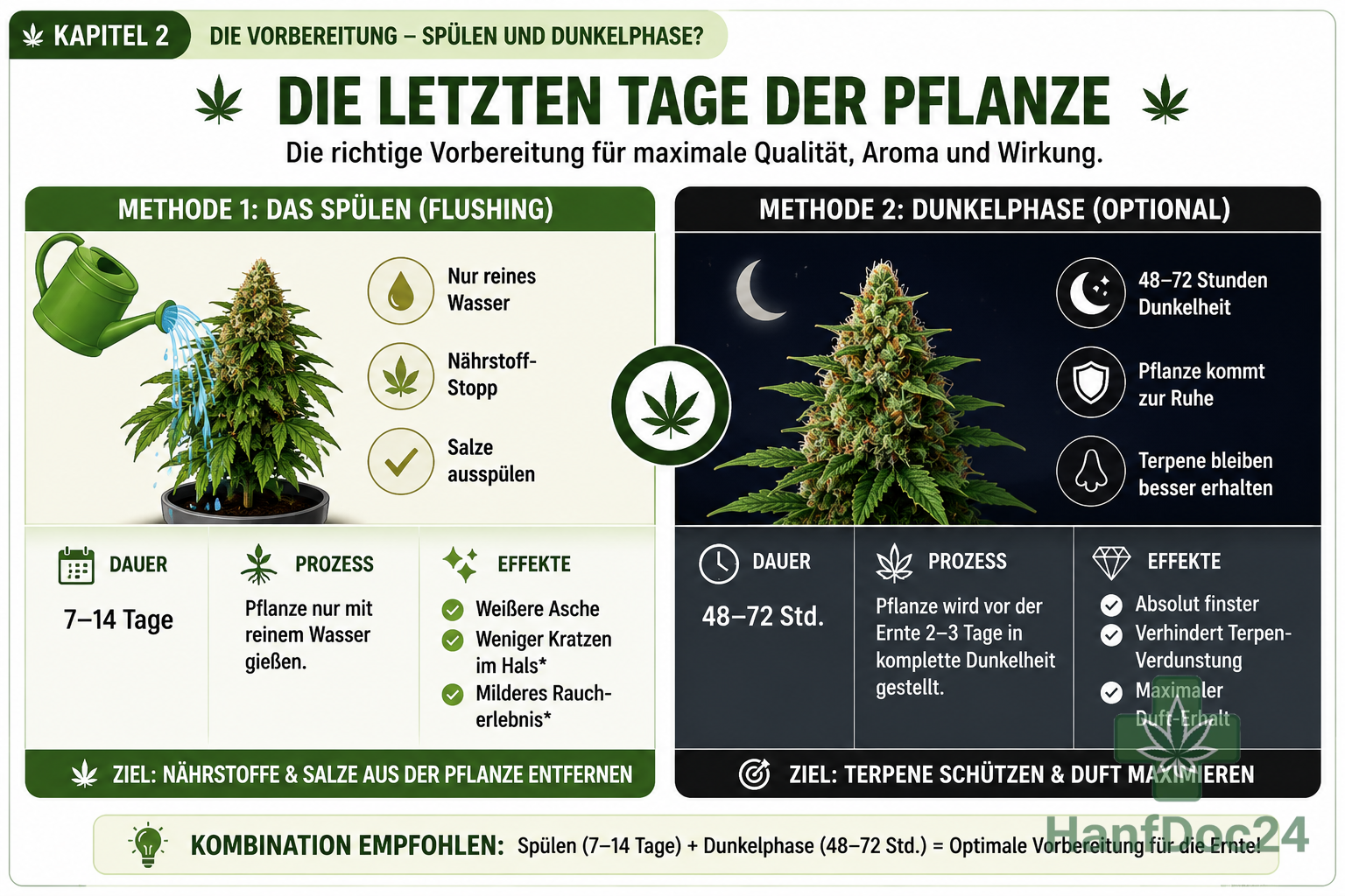 Die Vorbereitung
Dieses split-panel Dashboard vergleicht die zwei Methoden der Endphase: Das Spülen (Flushing) zur Reinigung der Blüten und die optionale Dunkelphase zur Maximierung des Dufts. Es enthält Dauer, Prozess und die spezifischen Effekte jeder Methode.