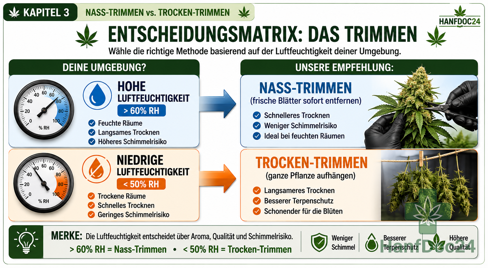 Nasstrimmen vs. Trockentrimmen
Dieses Flow-Chart dient als Entscheidungsmatrix für das Maniküren. Basierend auf der Umgebungsfeuchtigkeit (>60% RH oder <50% RH) führt es den Leser zur passenden Empfehlung: Nasstrimmen (Schnitt der frischen Blätter) oder Trockentrimmen (Aufhängen der ganzen Pflanze).