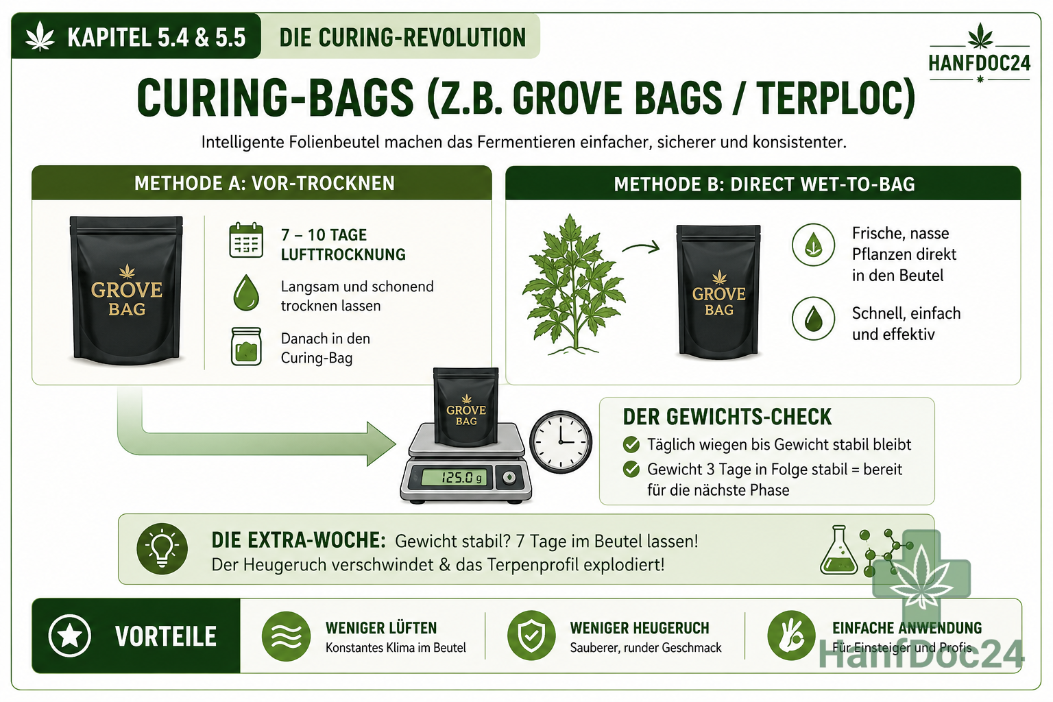 Die Curing-Revolution
Dieses Dashboard ist der Curing-Revolution gewidmet, insbesondere der Nutzung von intelligenten Folienbeuteln (wie Grove Bags). Es vergleicht die zwei Anwendungsmethoden (Vor-Trocknen vs. Direct Wet-to-Bag, wie Ferm Bags, erklärt den 'Gewichts-Check' und enthüllt das Geheimnis der 'Woche extra' für ein explodierendes Terpenprofil.