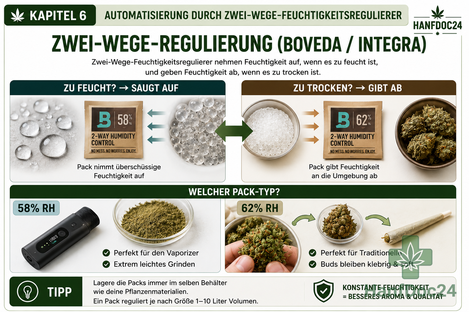 Automatisierung durch Zwei-Wege-FeuchtigkeitsreguliererDieses Infografik-Dashboard visualisiert die Zwei-Wege-Regulierung (z.B. durch Boveda/Integra). Es zeigt grafisch, wie die Packs Feuchtigkeit aufsaugen oder abgeben, und bietet eine Entscheidungshilfe, welcher Pack-Typ (58% RH vs. 62% RH) für die gewünschte Konsumform (Vaporizer vs. Traditionell) ideal ist.