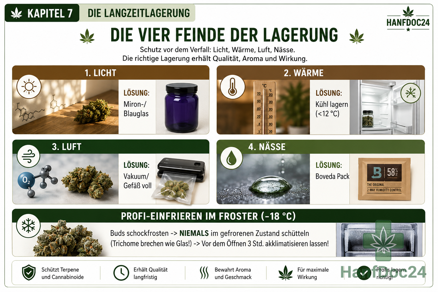 Die LangzeitlagerungDas letzte Dashboard fasst den Schutz vor dem Verfall zusammen. Es visualisiert die "Vier Feinde der Lagerung" (Licht, Wärme, Luft, Nässe) und bietet eine klare, grafische Anleitung für das "Profi-Einfrieren" im Froster, einschließlich der Akklimatisierungszeit.