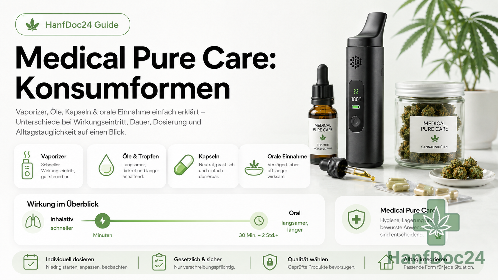 Welche Konsumformen gibt es bei medizinischem Cannabis? Dieser Guide erklärt Vaporizer, orale Einnahme, Öle, Kapseln und wichtige Unterschiede bei Wirkungseintritt, Dauer, Kontrolle, Hygiene und Alltagstauglichkeit.