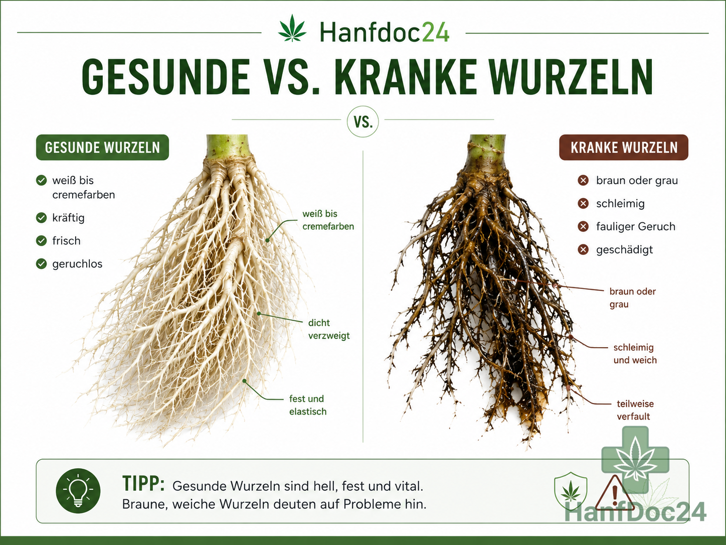 Gesunde Wurzel vs Wurzelfäule befallene Wurzel