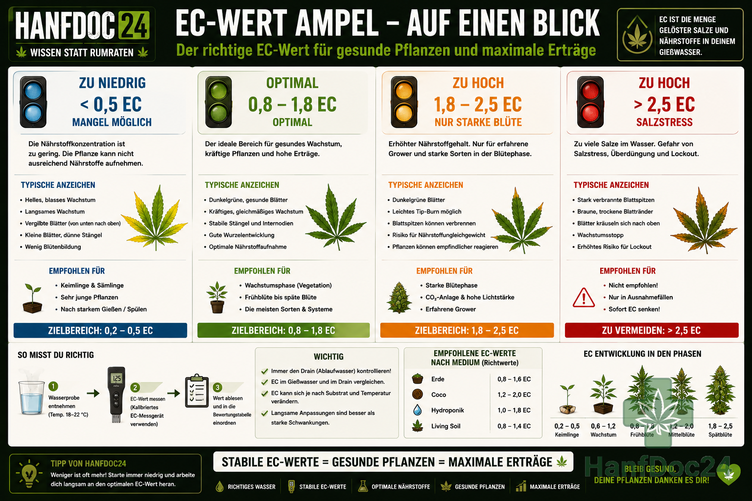EC-Wert Tabelle für Cannabis mit optimalen Bereichen und Warnstufen