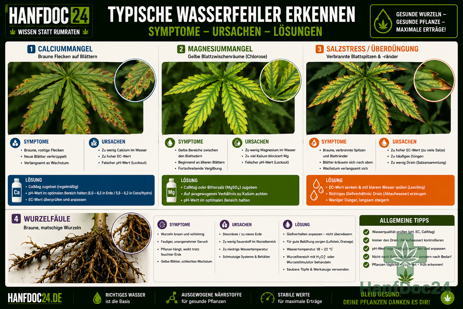 Häufige Wasser- und Nährstoffprobleme bei Cannabis erkennen – Calciummangel, Magnesiummangel, Salzstress und Wurzelfäule