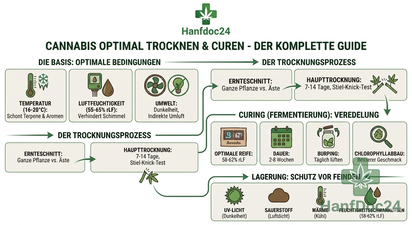 alt="Infografik von Hanfdoc24: Cannabis optimal trocknen und curen – Der komplette Ablauf vom Ernteschnitt über die Haupttrocknung bis zur Veredelung im Glas auf einen Blick."