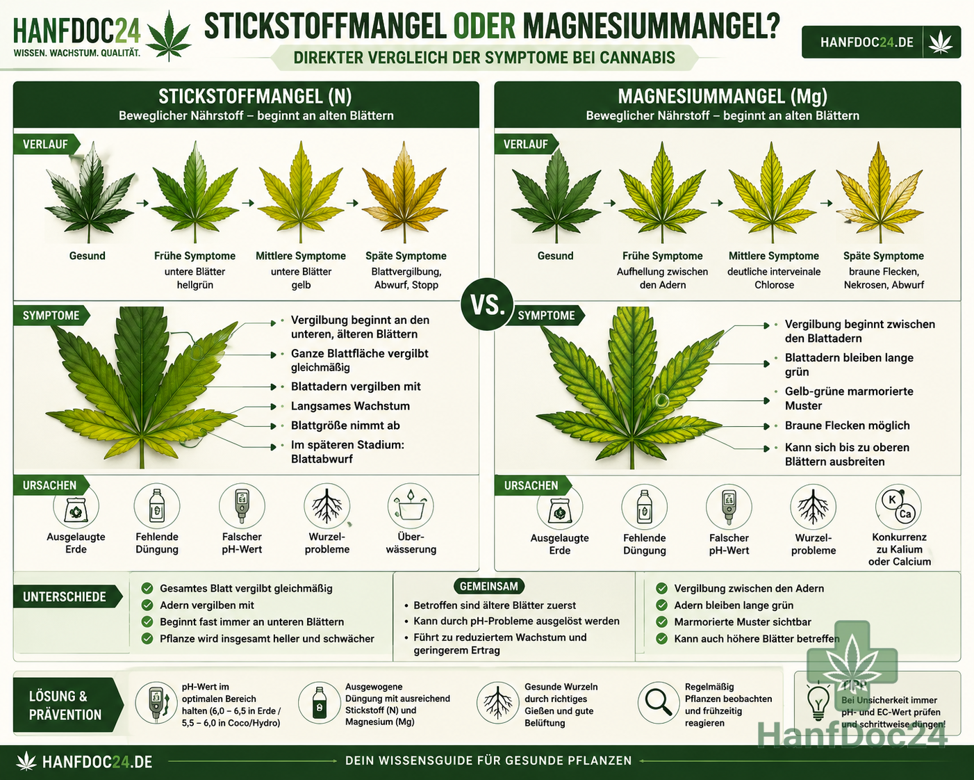 Vergleich zwischen Stickstoffmangel und Magnesiummangel bei Cannabispflanzen