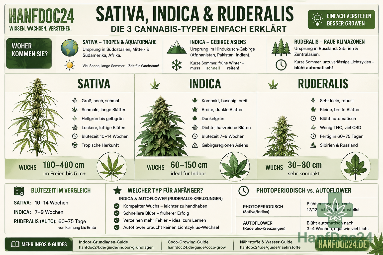 Infografik mit dem Titel „Sativa, Indica & Ruderalis – die 3 Cannabis-Typen einfach erklärt“. Das Schaubild vergleicht Herkunft, Wuchsform, Blattform, Blütezeit und Eignung für Anfänger. Sativa wird als hohe, schmale Pflanze mit langen Blättern und 10–14 Wochen Blütezeit dargestellt, Indica als kompakte, buschige Pflanze mit breiten Blättern und 7–9 Wochen Blütezeit, Ruderalis als kleine robuste Pflanze mit automatischer Blüte und 60–75 Tagen Gesamtdauer. Unten erklärt die Grafik den Unterschied zwischen photoperiodischen Pflanzen und Autoflowering-Sorten sowie die Empfehlung für Anfänger: Indica-dominante Sorten oder Autoflowering-Sorten.