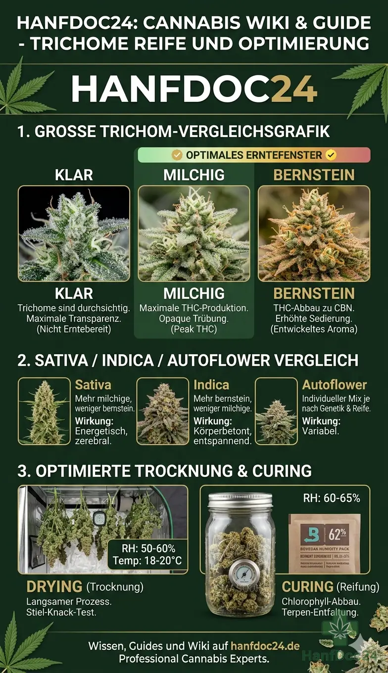 Cannabis Erntezeitpunkt bestimmen mit Trichomen, Blütenhärchen und Bud-Reife – Hanfdoc24 Deep Dive erklärt klare, milchige und bernsteinfarbene Trichome sowie das richtige Erntefenster.