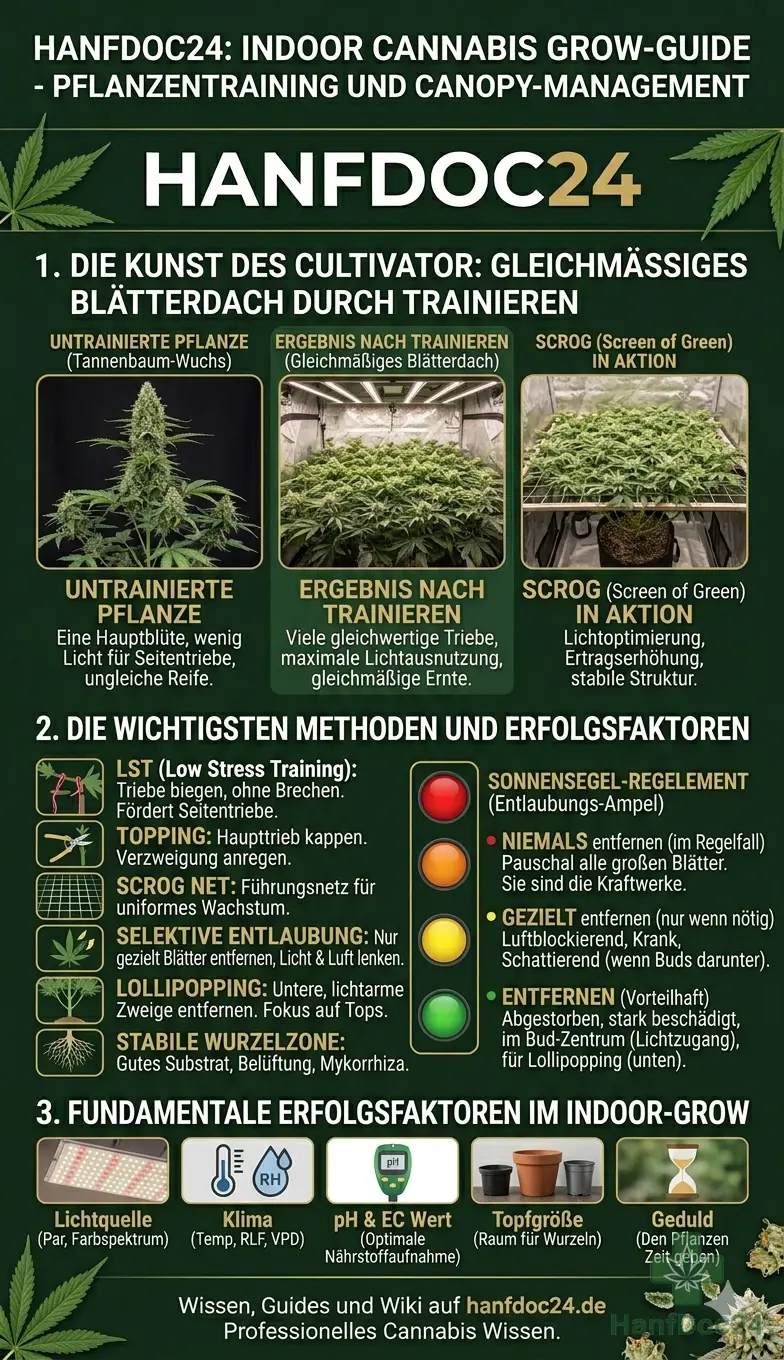 alt="Cannabis Ertrag steigern durch LST, Topping, SCROG, selektive Entlaubung und Lollipopping – Hanfdoc24 Schaubild zeigt trainierte Pflanze mit gleichmäßigem Blätterdach, bessere Lichtverteilung, pH- und EC-Kontrolle sowie richtige Entfernung von Sonnensegeln."