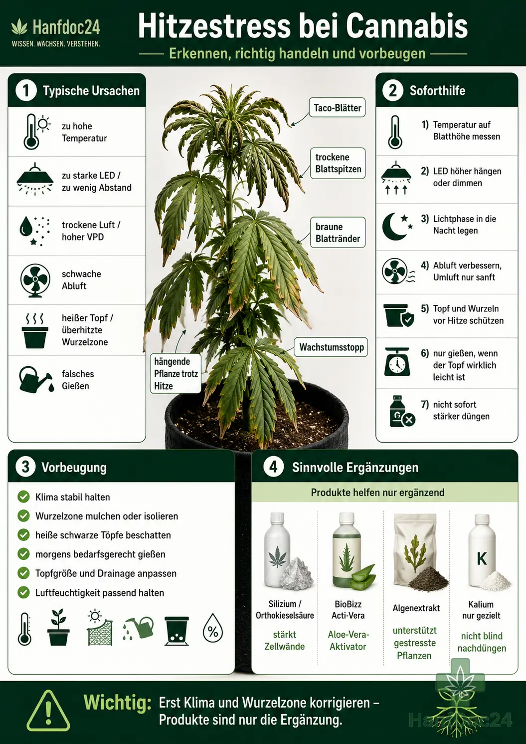 Infografik von Hanfdoc24 zu Hitzestress bei Cannabis: Eine gestresste Cannabispflanze im Topf zeigt Taco-Blätter, trockene Blattspitzen, braune Blattränder und Wachstumsstopp. Daneben werden Ursachen wie hohe Temperatur, starke LED, trockene Luft, schwache Abluft, heiße Wurzelzone und falsches Gießen sowie Soforthilfe, Vorbeugung und sinnvolle Ergänzungen wie Silizium, Acti·Vera, Algenextrakt und gezielte Kaliumgabe erklärt.