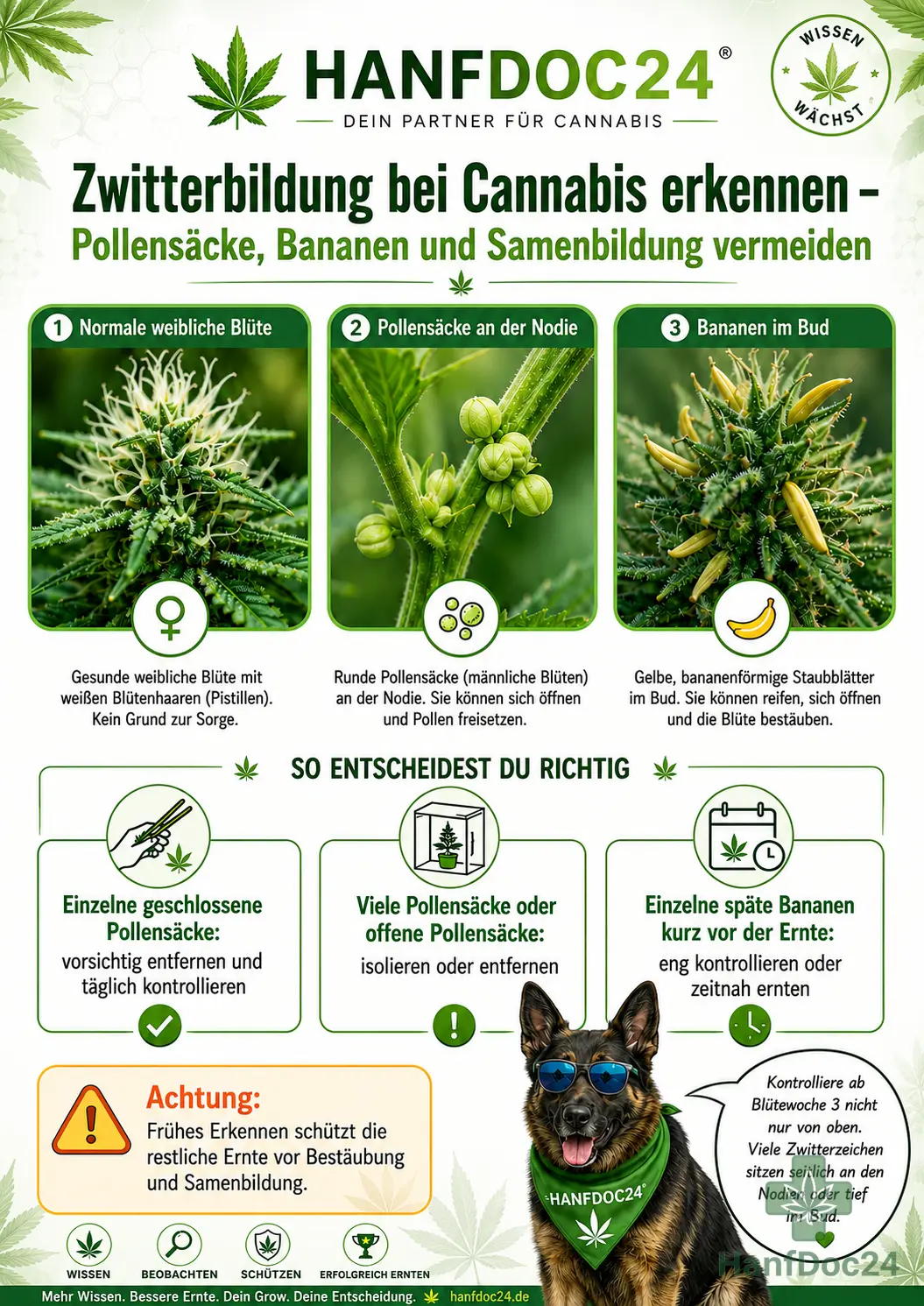 Hanfdoc24-Schautafel zur Zwitterbildung bei Cannabis mit Pollensäcken, gelben Bananen, Samenbildung und Funny als Schäferhund-Maskottchen mit Tipp zur Kontrolle ab der dritten Blütewoche.