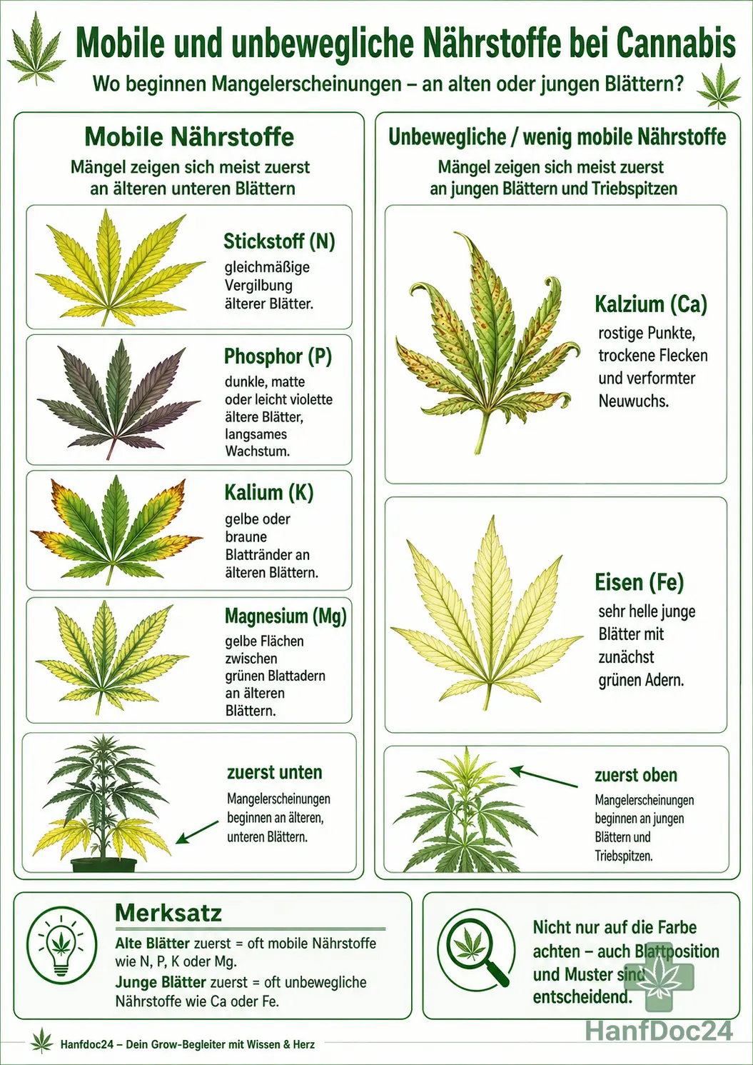 Mobile und unbewegliche Pflanzennährstoffe bei Cannabis: Stickstoff, Phosphor, Kalium und Magnesium zeigen Mängel meist an alten Blättern, Kalzium und Eisen zuerst an jungen Blättern.