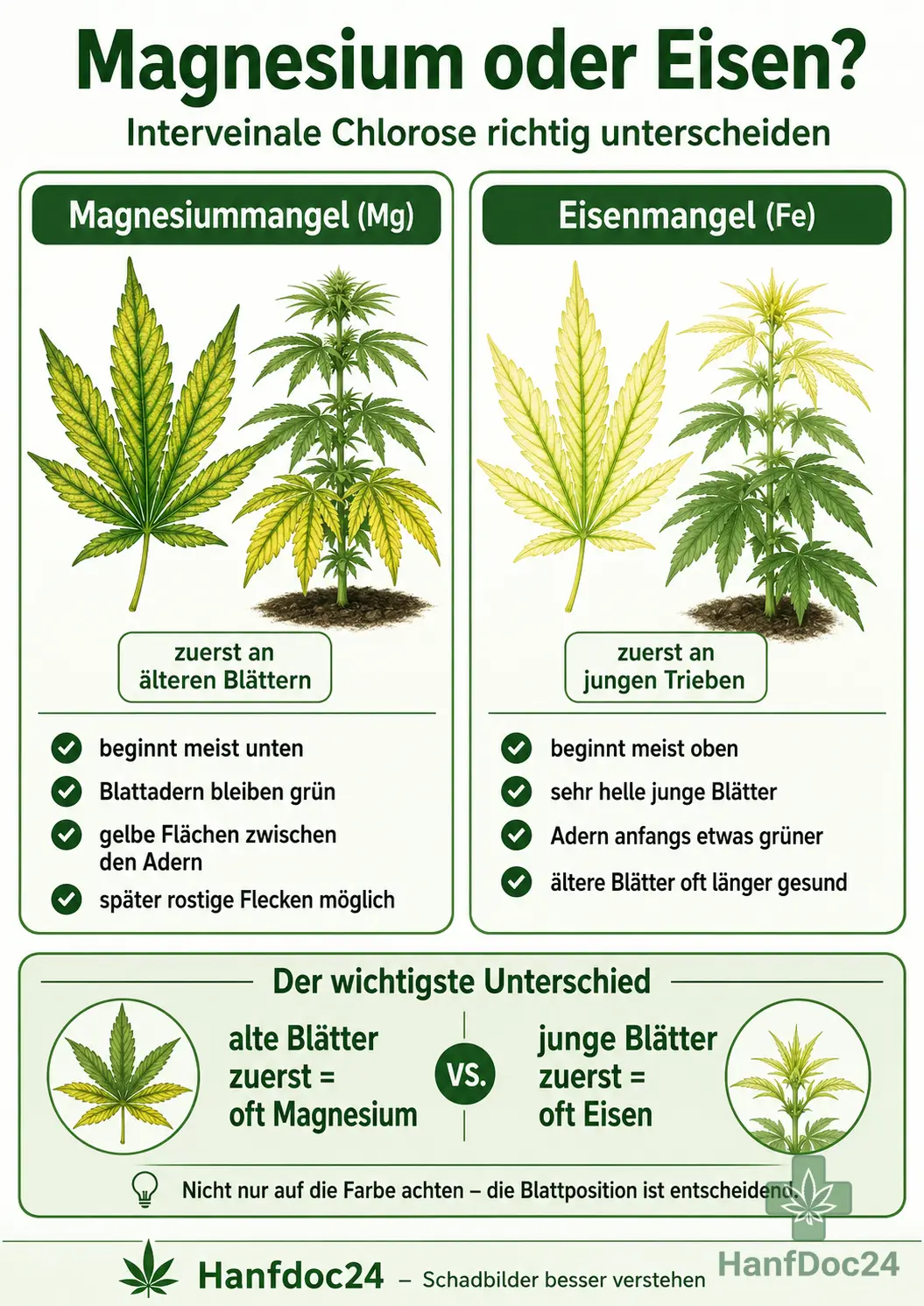 Vergleich von Magnesium- und Eisenmangel bei Cannabis: interveinale Chlorose an älteren Blättern bei Magnesium und an jungen Trieben bei Eisen.