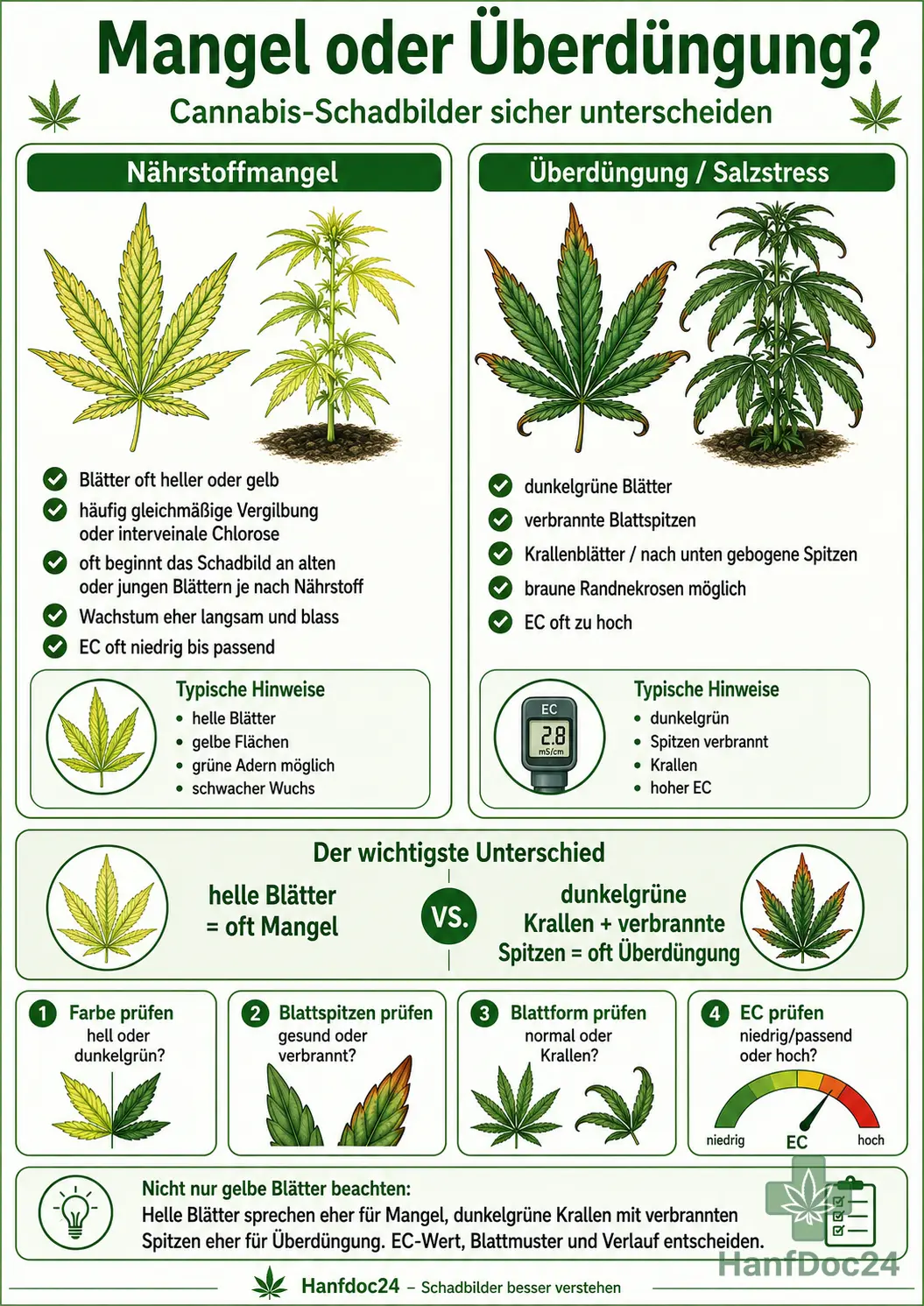 Vergleich von Cannabis-Nährstoffmangel und Überdüngung mit hellen Blättern, verbrannten Spitzen, dunkelgrünen Krallen und hohem EC-Wert.