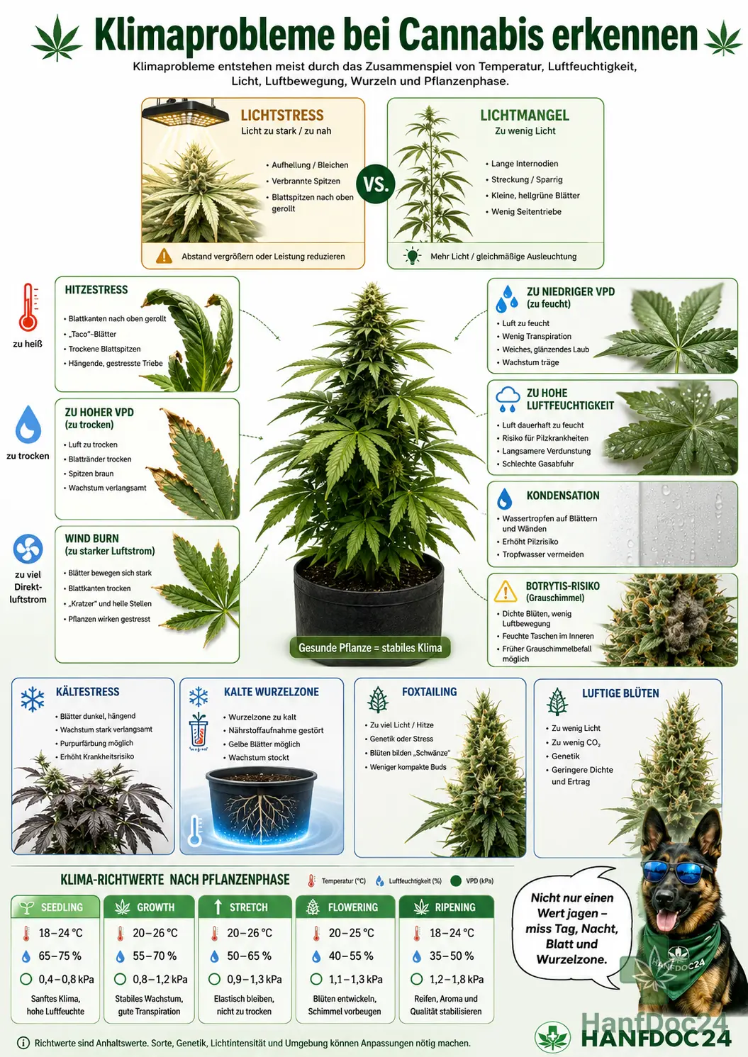 Hanfdoc24-Schautafel zu Klimaproblemen bei Cannabis mit Hitzestress, Kältestress, Lichtstress, zu hohem und zu niedrigem VPD, Luftfeuchtigkeit, Windbrand, Foxtailing, luftigen Blüten und Schimmelrisiko.