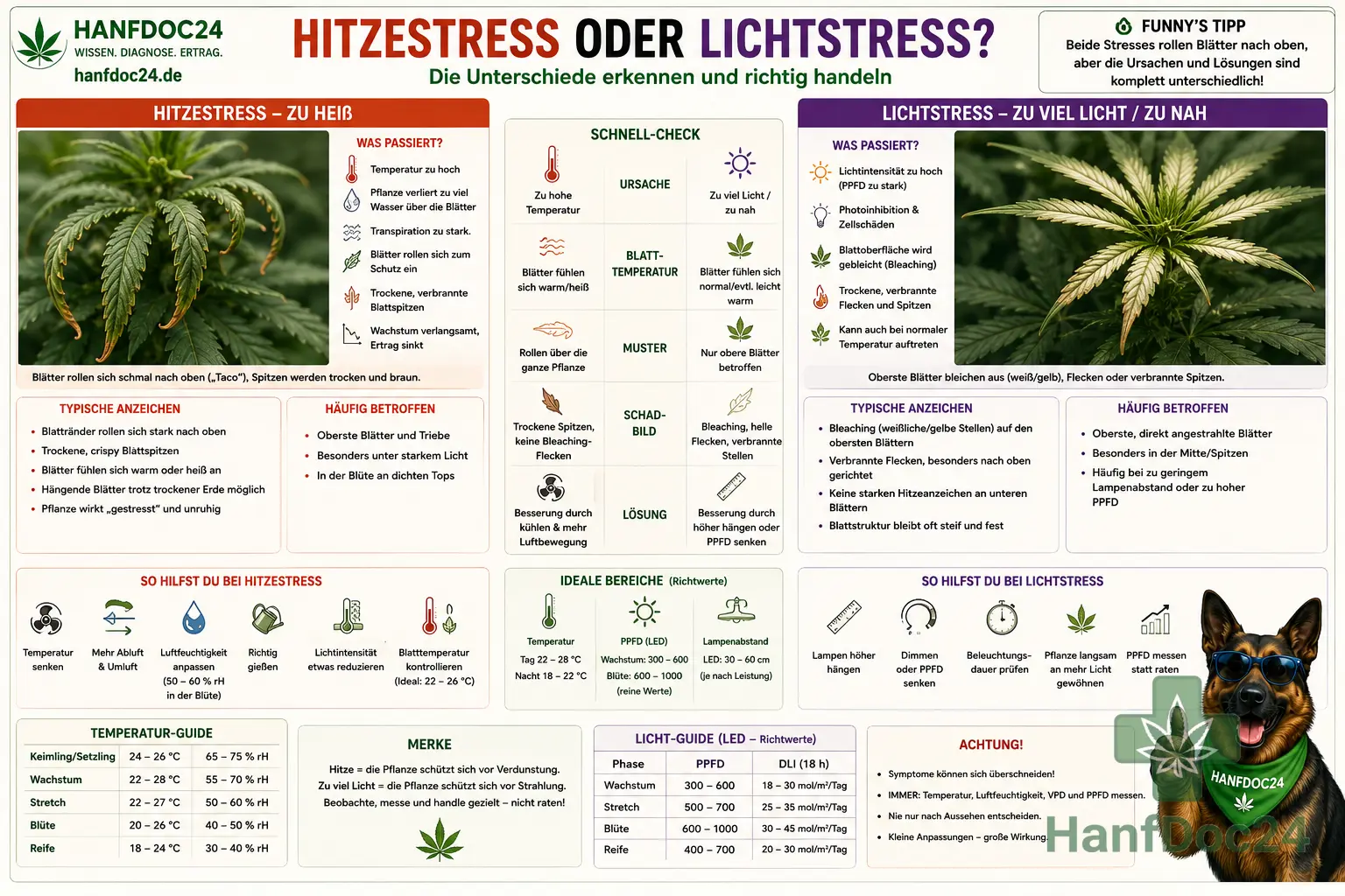 Vergleich von Hitzestress und Lichtstress bei Cannabis mit nach oben gerollten Blättern, trockenen Spitzen, Bleaching, positionsabhängigen Schäden und Hinweisen zu Temperatur, PPFD und Lampenabstand.