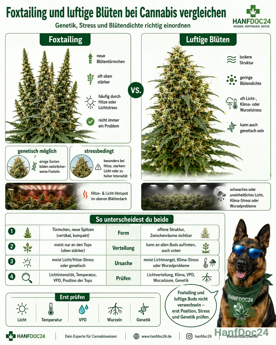 Vergleich von Foxtailing und luftigen Cannabisblüten mit genetisch offenen Buds, stressbedingten Blütentürmchen, Licht-Hotspots, Hitzestress und geringer Blütendichte.