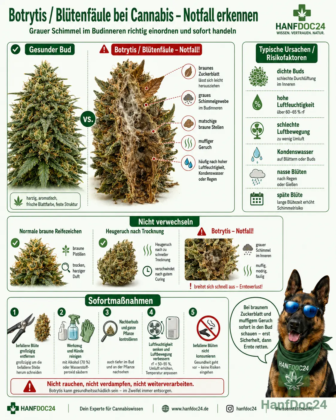 Botrytis bei Cannabis mit braunem leicht herausziehbarem Zuckerblatt, grauem Schimmel im Budinneren, matschigem Gewebe und den wichtigsten Notfallmaßnahmen.