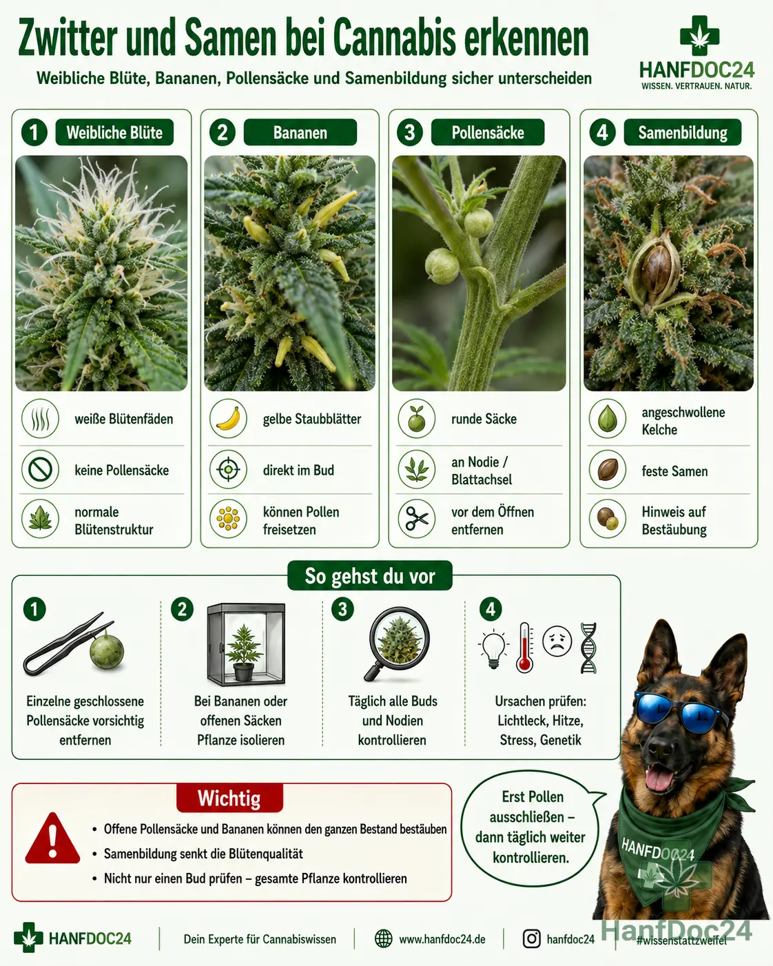 Vergleich von weiblicher Cannabisblüte, gelben Bananen, runden Pollensäcken und Samenbildung mit Hinweisen zu Pollen, Isolation und täglicher Kontrolle.