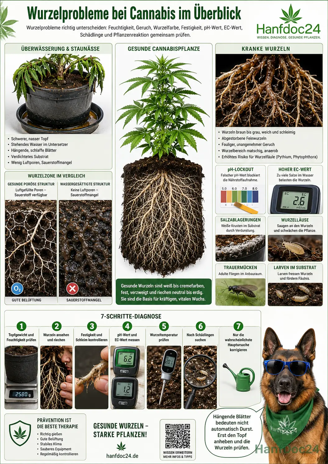 Hanfdoc24-Schautafel zu Cannabis-Wurzelproblemen mit gesunden weißen Wurzeln, braunen schleimigen Wurzeln, Staunässe, Sauerstoffmangel, Salzstress, pH-Lockout, Wurzelläusen und Trauermücken.