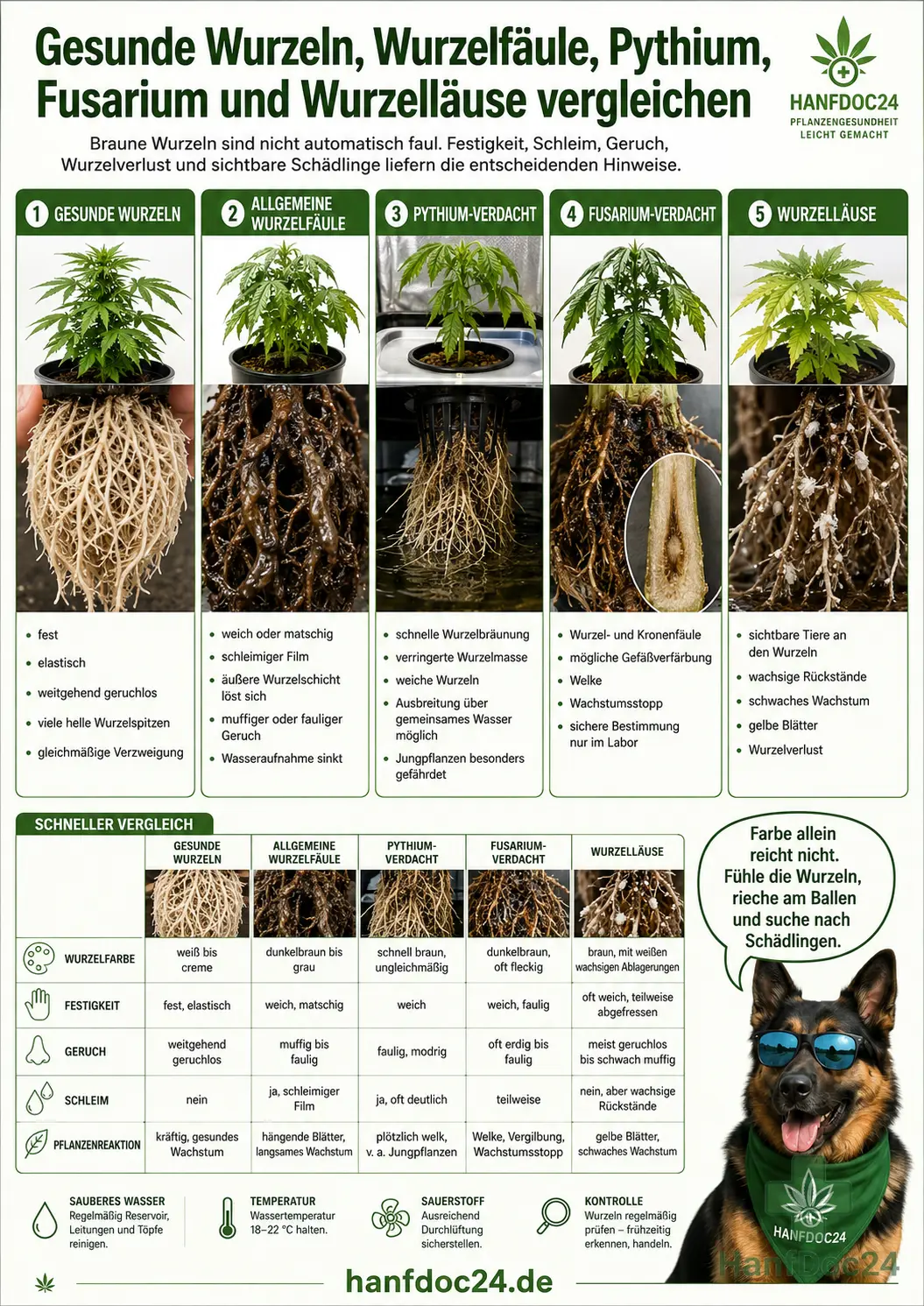 Vergleich von Wurzelfäule, Pythium, Fusarium, Wurzelläusen und gesunden Cannabiswurzeln mit Wurzelfarbe, Festigkeit, Schleim, Geruch und oberirdischen Symptomen.