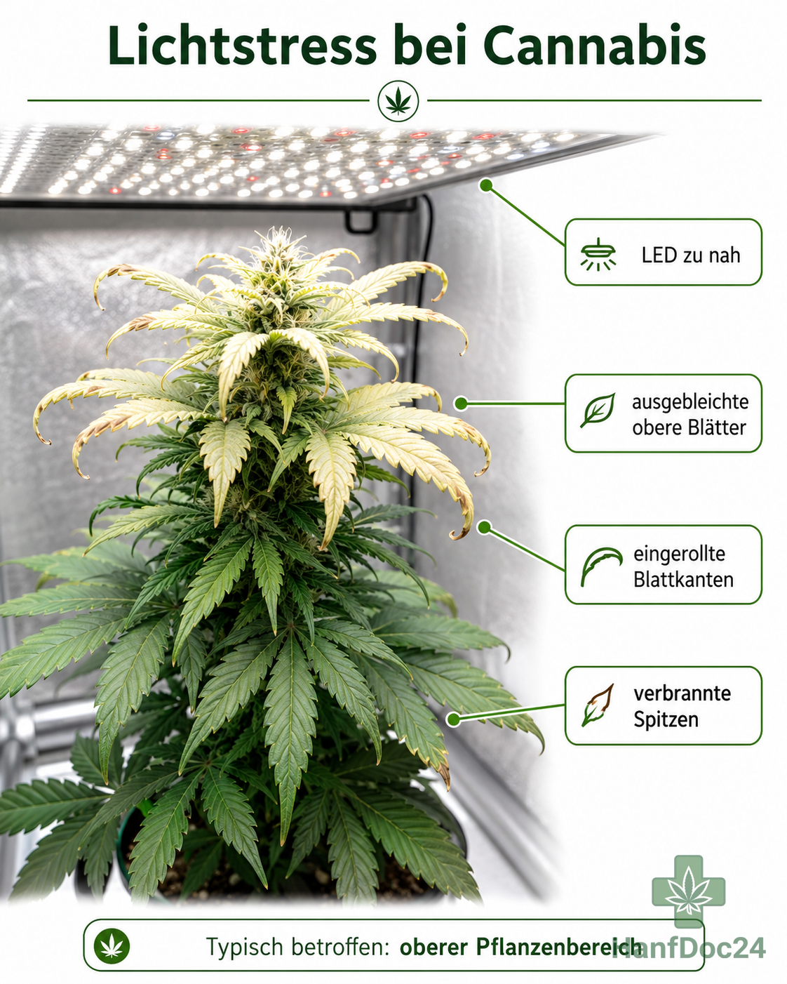 Infografik zu Lichtstress bei Cannabispflanzen mit einer Pflanze unter einer zu nahen LED-Lampe; gezeigt werden ausgebleichte obere Blätter, eingerollte Blattkanten und verbrannte Spitzen im oberen Pflanzenbereich.