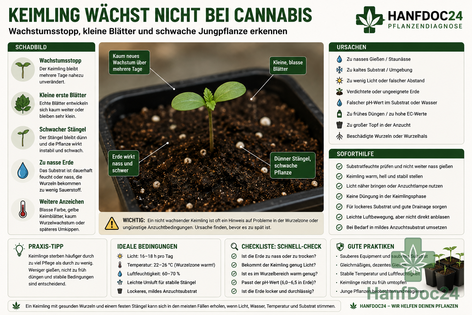 Cannabis-Keimling mit Wachstumsstopp, kleinen ersten Blättern und feuchtem Substrat in der Anzuchtphase