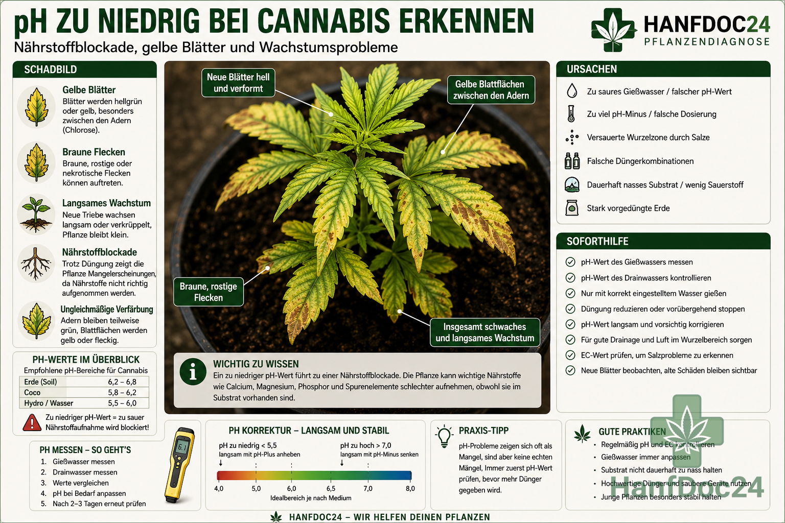 Cannabispflanze mit gelben Blättern, braunen Flecken und schwachem Wachstum durch zu niedrigen pH-Wert in der Wurzelzone