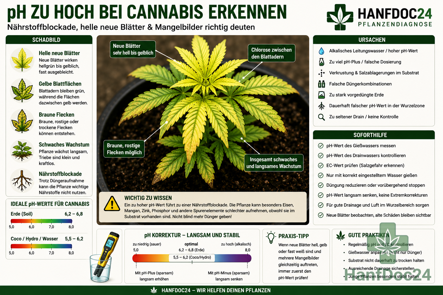 Cannabispflanze mit hellen neuen Blättern, gelben Blattflächen und schwachem Wachstum durch zu hohen pH-Wert in der Wurzelzone
