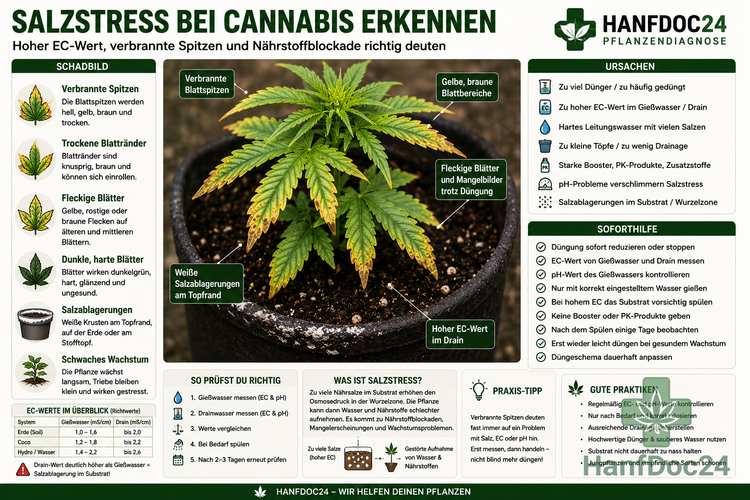 Cannabispflanze mit verbrannten Blattspitzen, trockenen Blatträndern, Salzablagerungen am Topf und hohem EC-Wert durch Salzstress