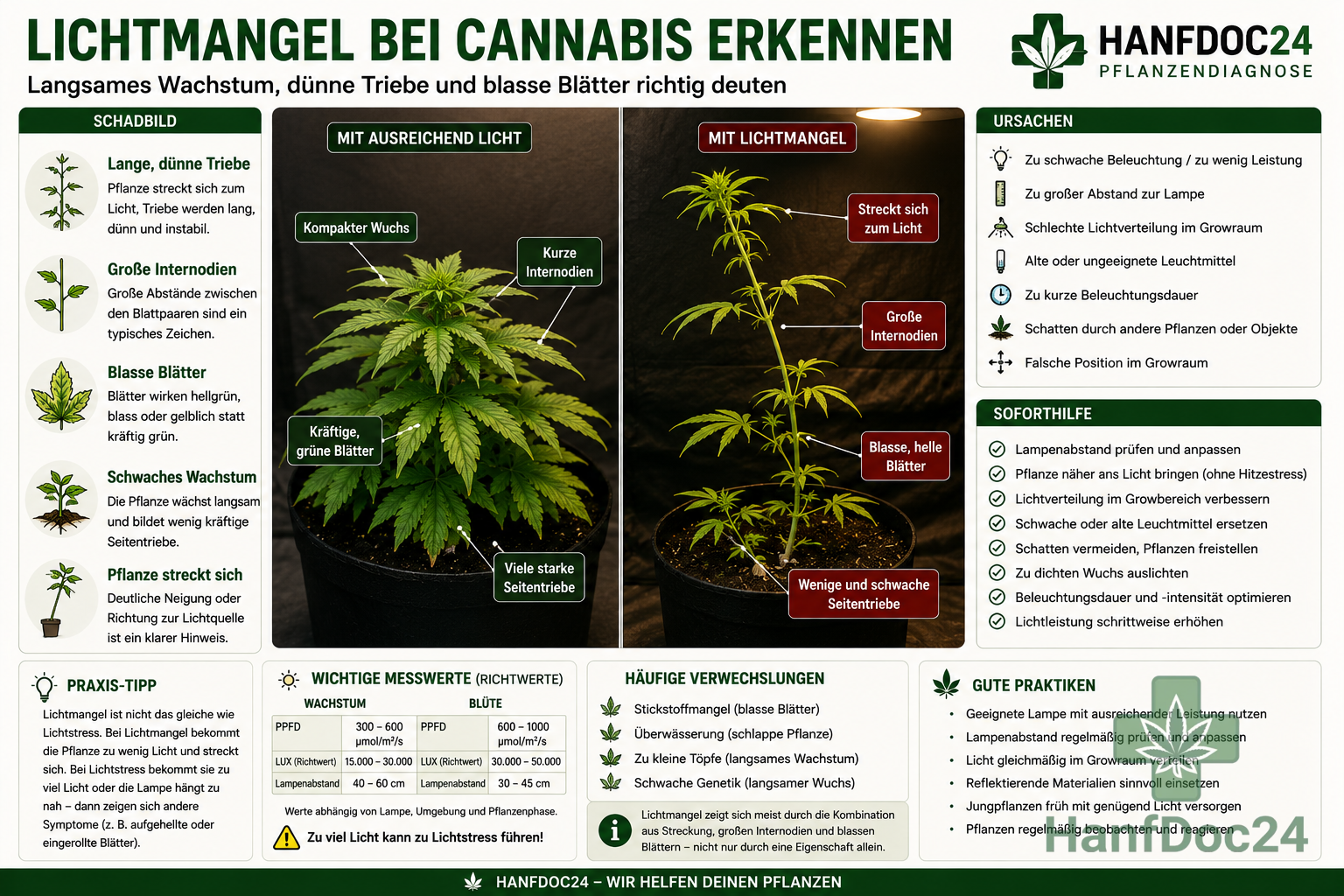 Cannabispflanze mit langen dünnen Trieben, großen Internodienabständen und blassen Blättern durch Lichtmangel