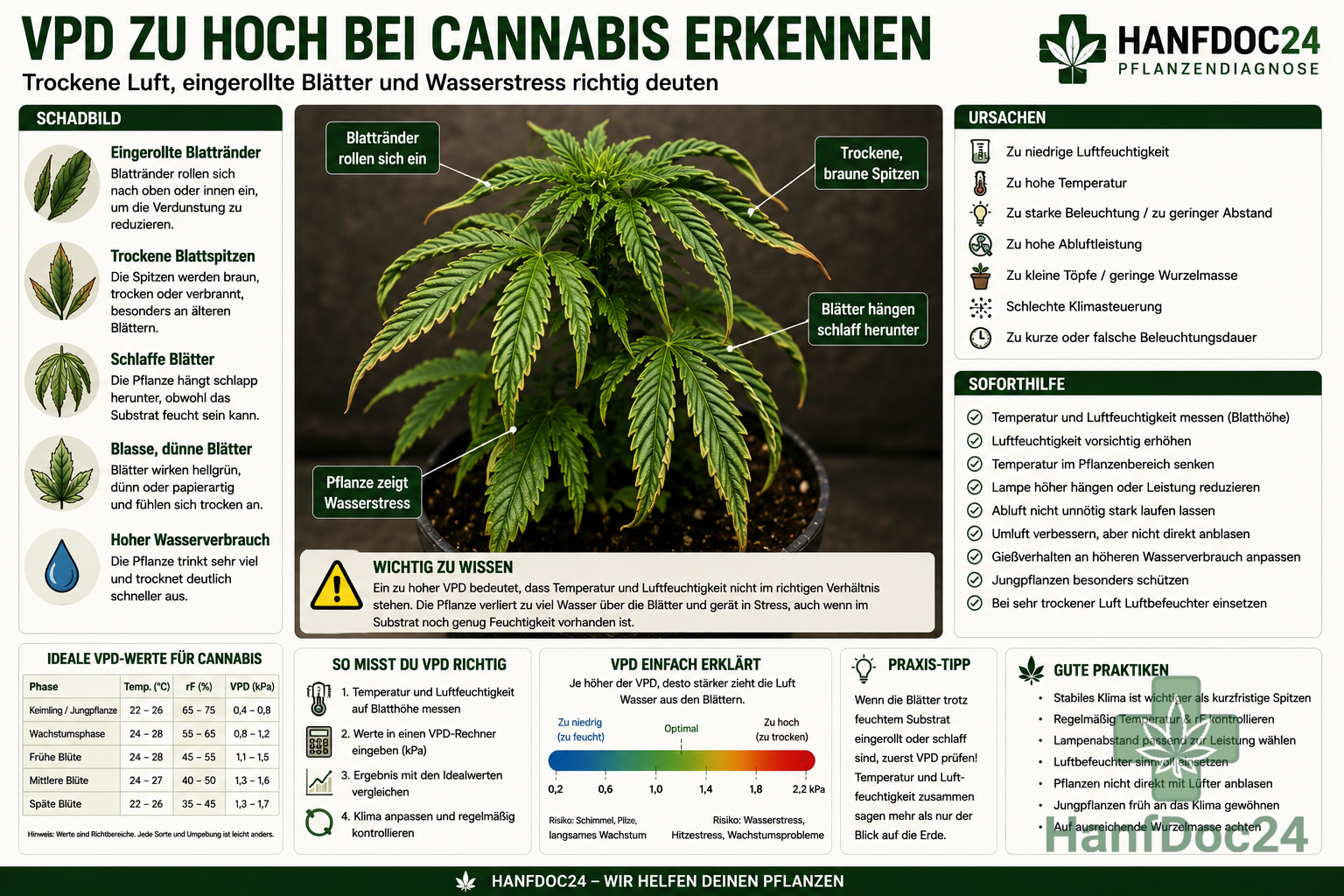Cannabispflanze mit eingerollten Blatträndern, trockenen Blattspitzen und schlaffen Blättern durch zu hohen VPD und trockene Luft