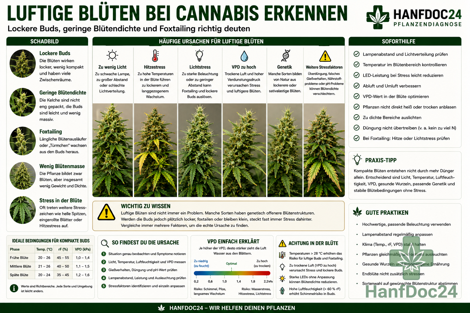 Cannabisblüte mit luftigen lockeren Buds, geringer Blütendichte und Foxtailing durch Stress in der Blütephase