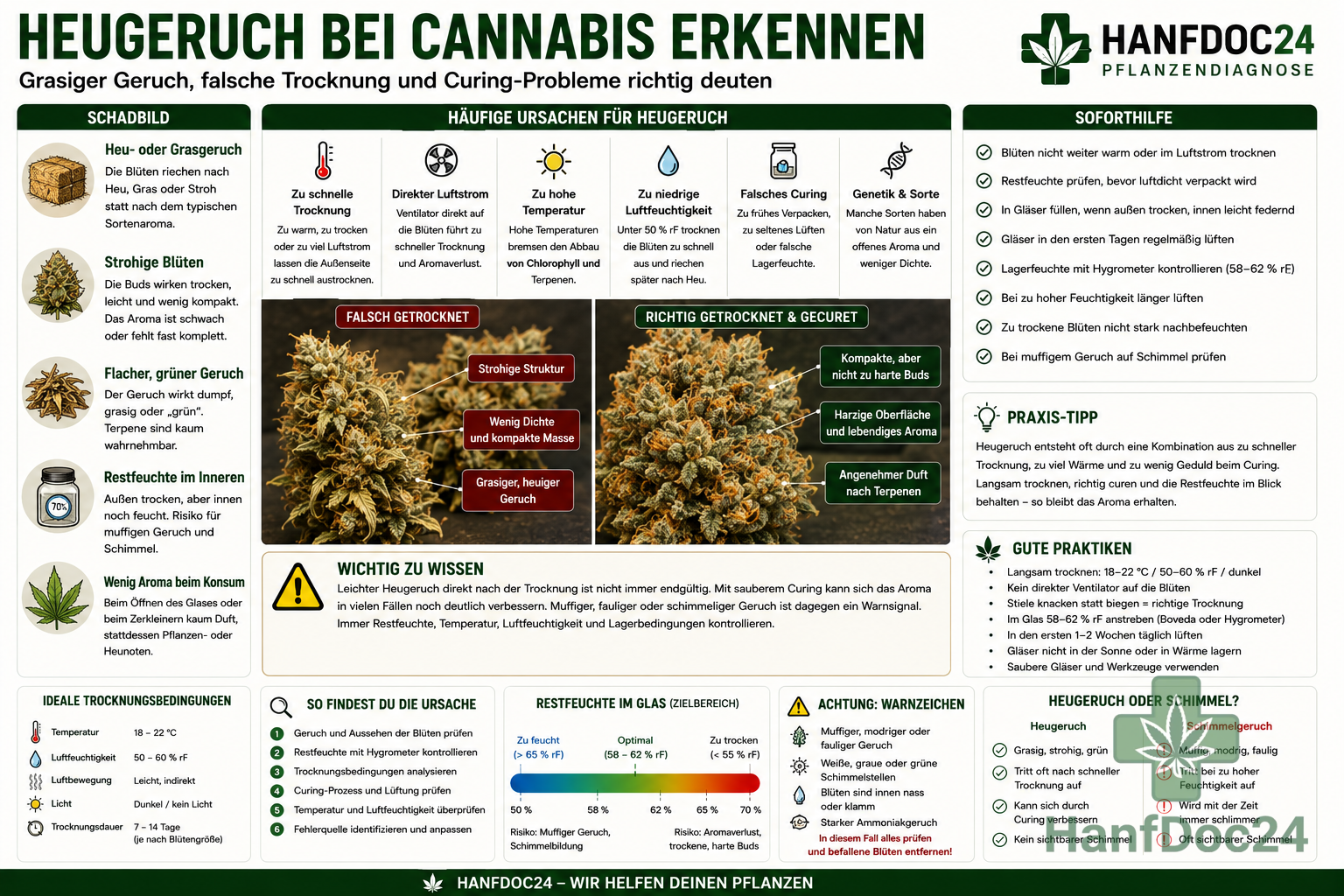 Getrocknete Cannabisblüten mit grasigem Heugeruch, strohiger Struktur und Curing-Glas mit Hygrometer zur Kontrolle der Restfeuchte