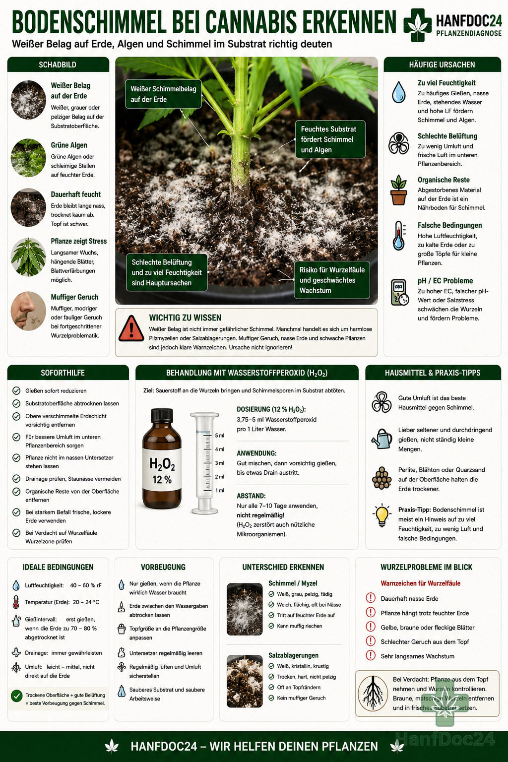 Cannabispflanze mit weißem Schimmelbelag auf feuchter Erde, Algenbildung und Risiko für Wurzelfäule im Substrat