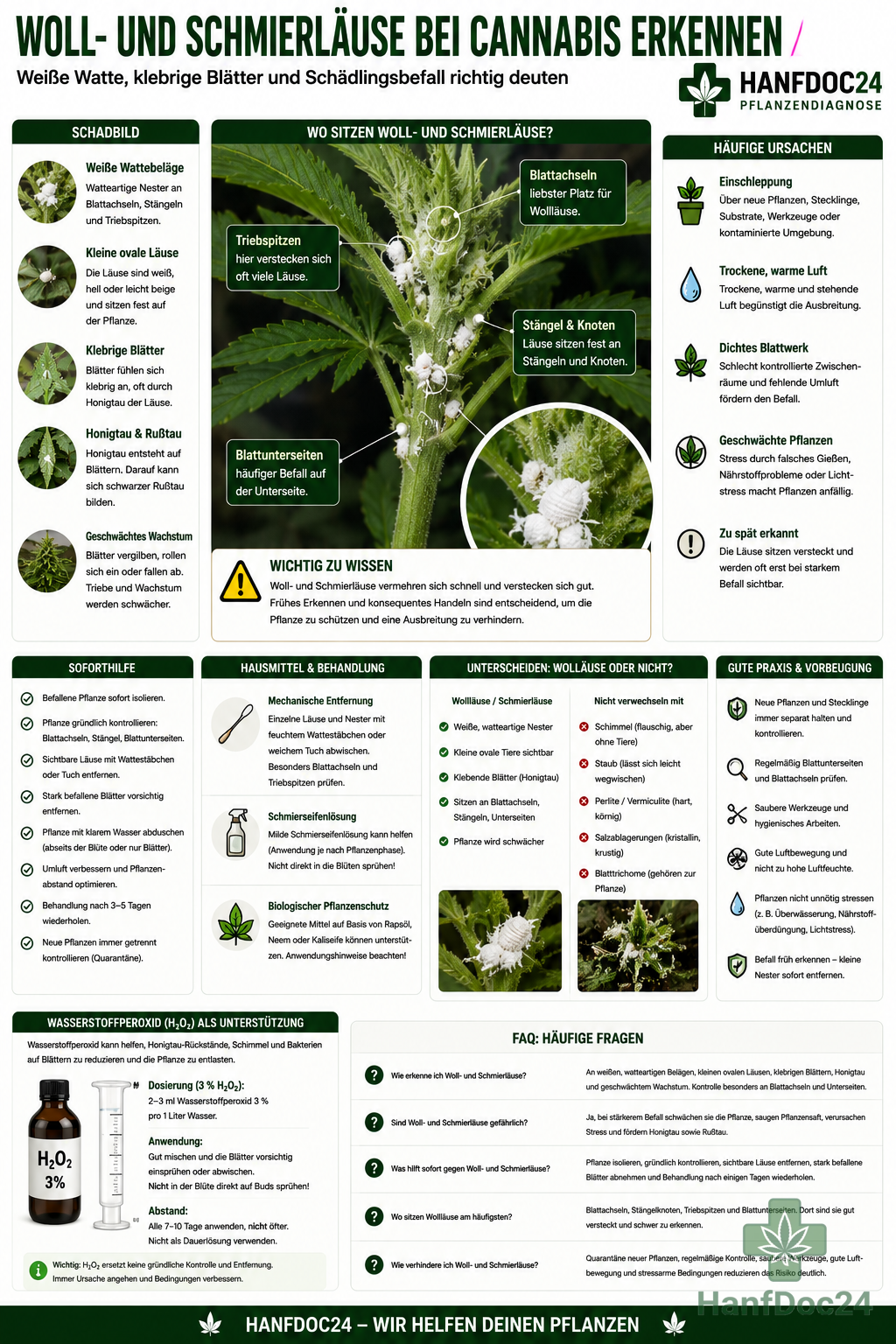 Cannabispflanze mit weißen watteartigen Wollläusen an Blattachseln, klebrigen Blättern und sichtbarem Schädlingsbefall